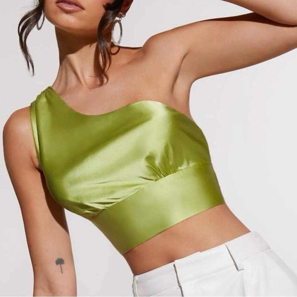 sage green satin one shoulder top
